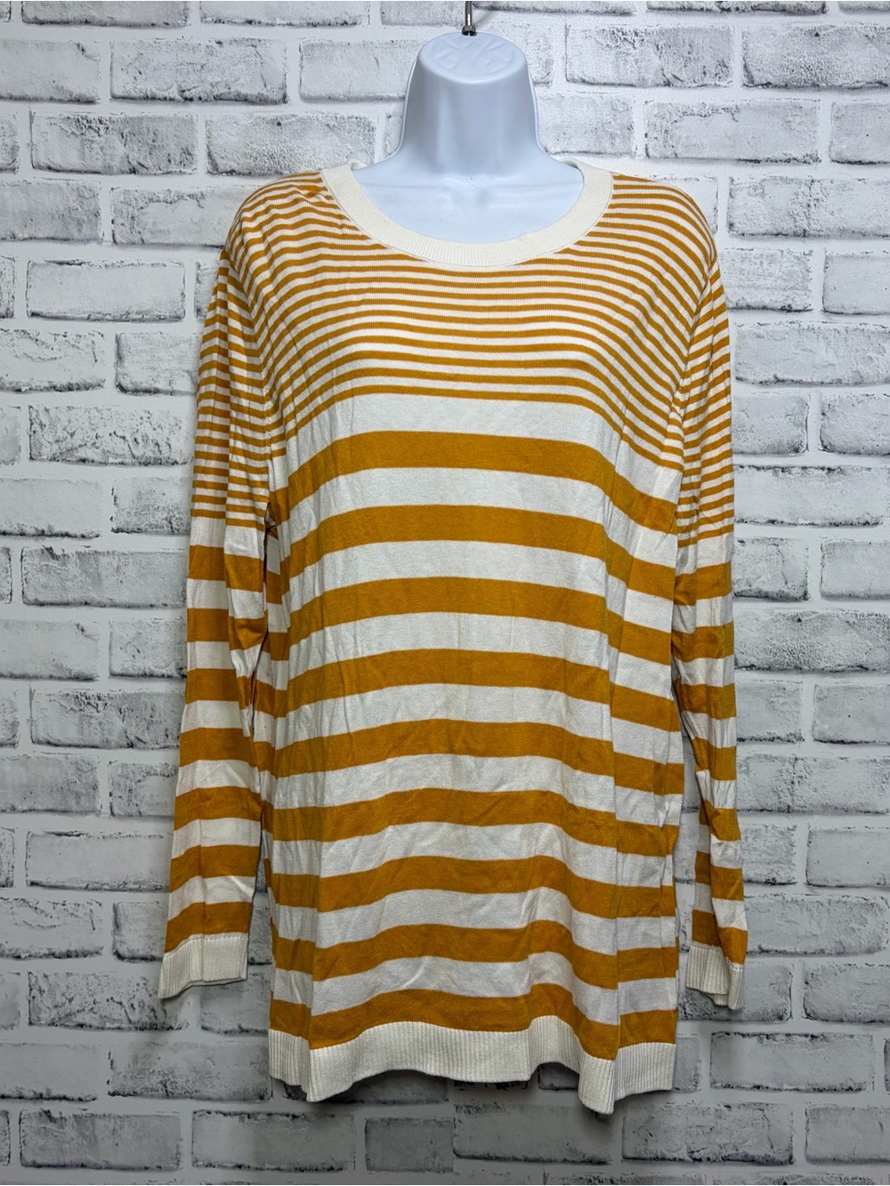 Market & Spruce Faux Back Button Closure Mustard Stripe Long Sleeve Top 1X